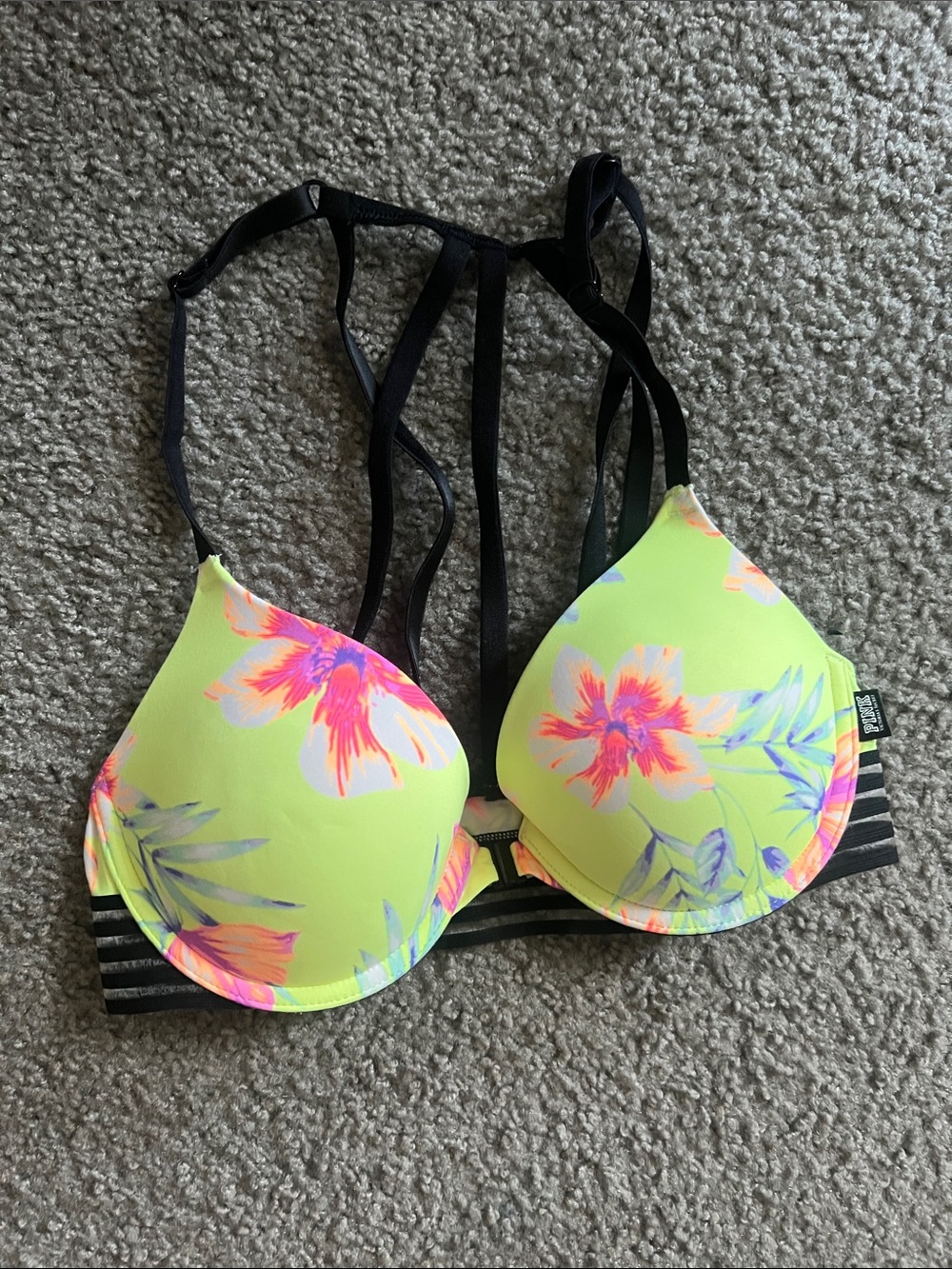 PINK Victoria's Secret Neon Yellow Floral Push-Up Bra with Black Strappy Back